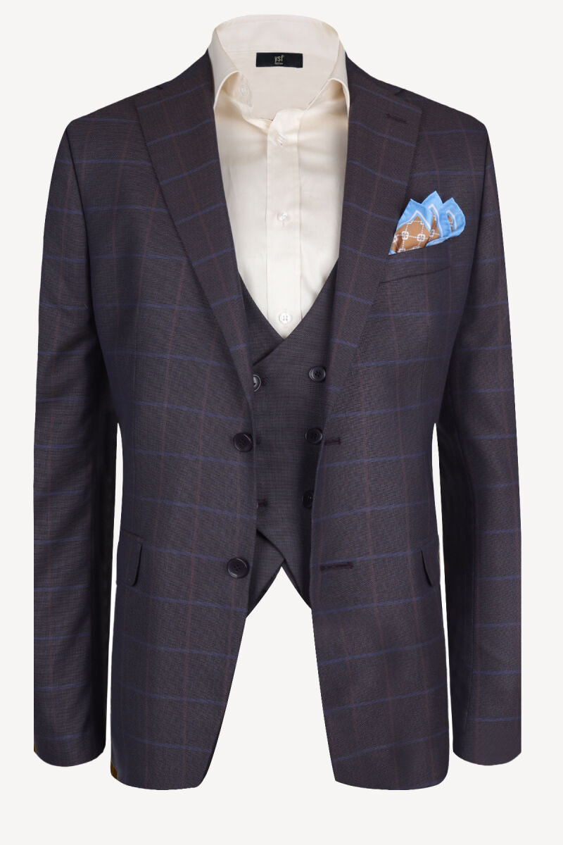 Erkek Lacivert Yelekli Ekose Regular Fit Takım Elbise - 2