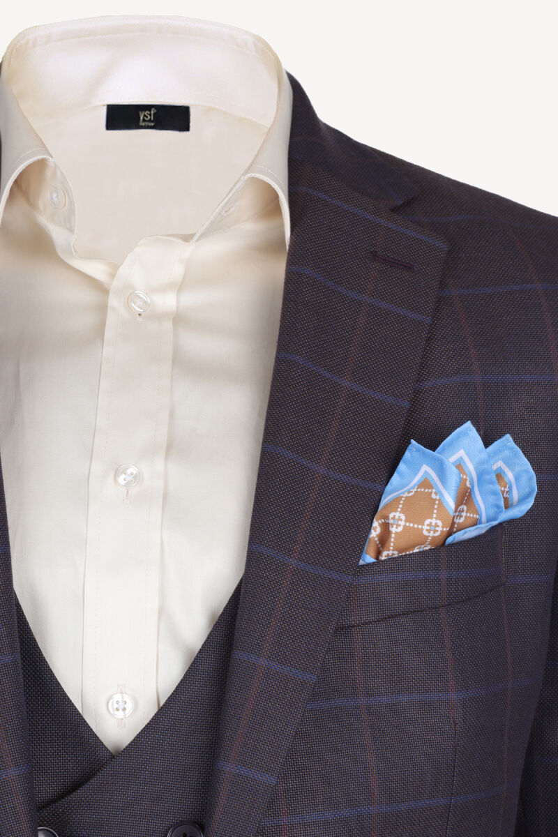 Erkek Lacivert Yelekli Ekose Regular Fit Takım Elbise - 3