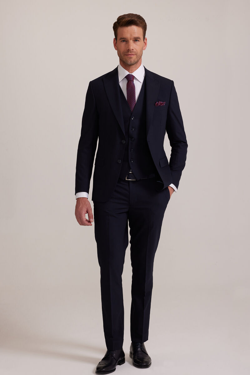 Erkek Lacivert Silim Fit Sivri Yaka Yelekli Takım Elbise - 1