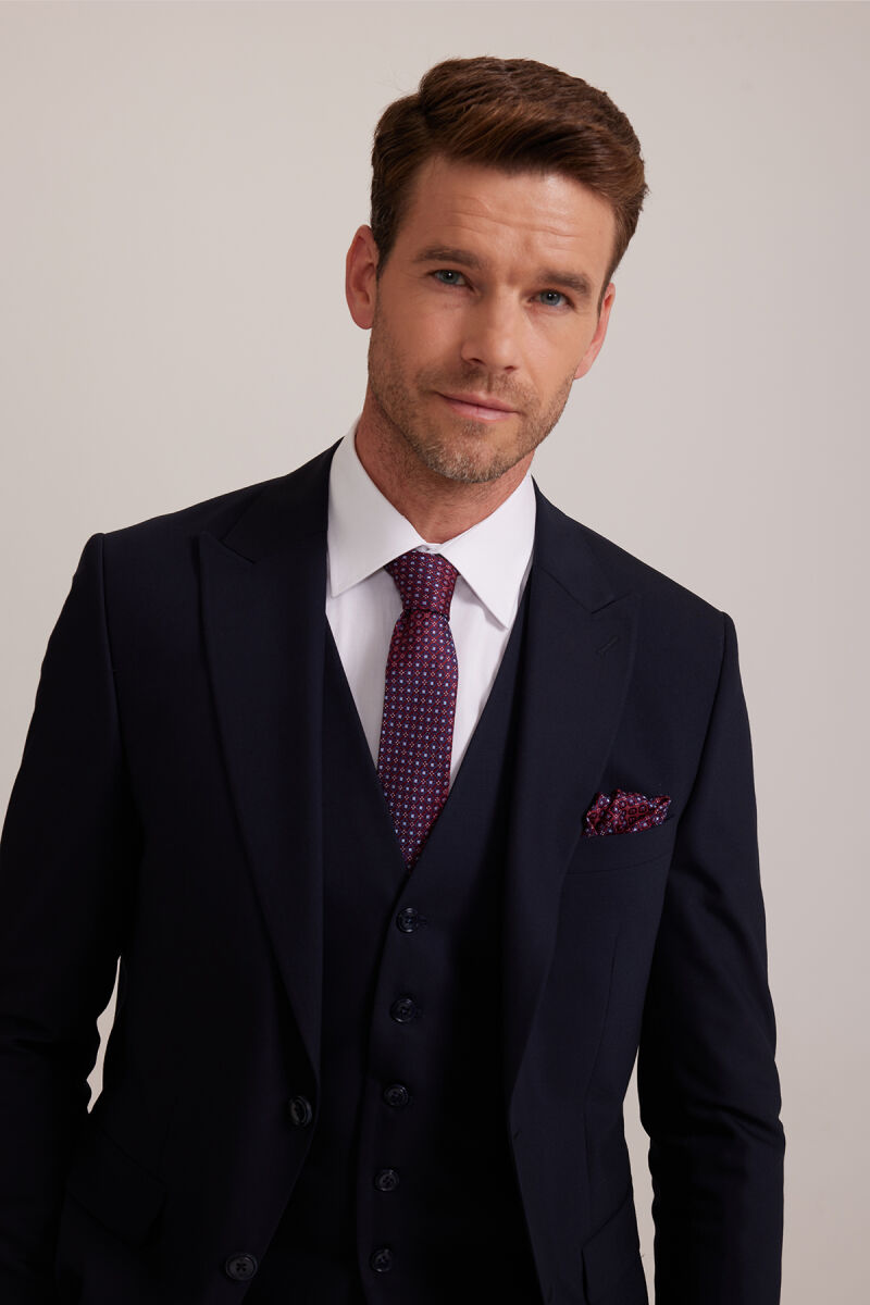 Erkek Lacivert Silim Fit Sivri Yaka Yelekli Takım Elbise - 4