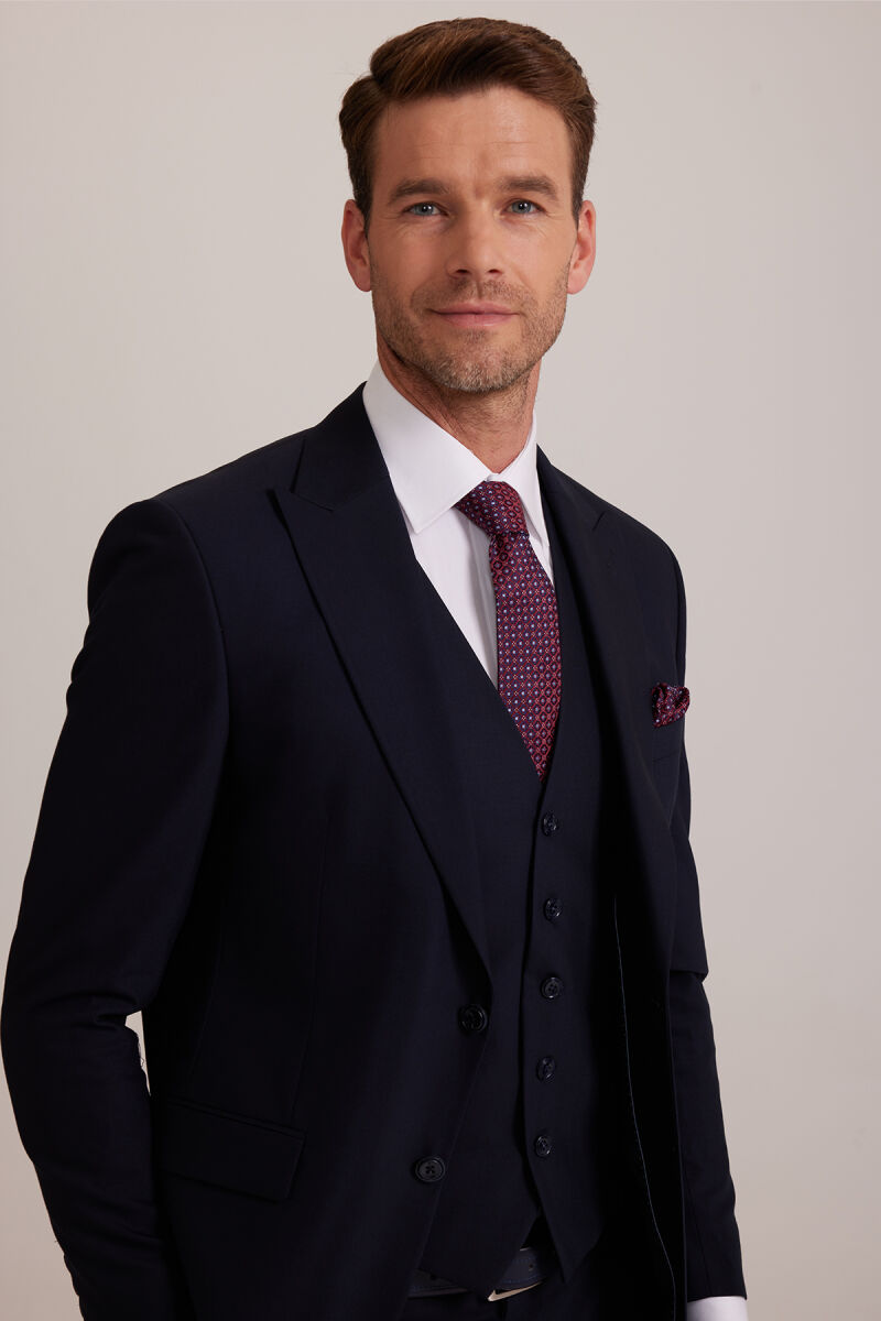 Erkek Lacivert Silim Fit Sivri Yaka Yelekli Takım Elbise - 5
