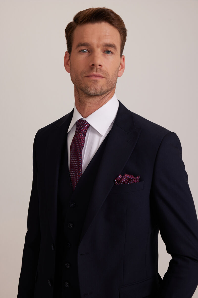 Erkek Lacivert Silim Fit Sivri Yaka Yelekli Takım Elbise - 6