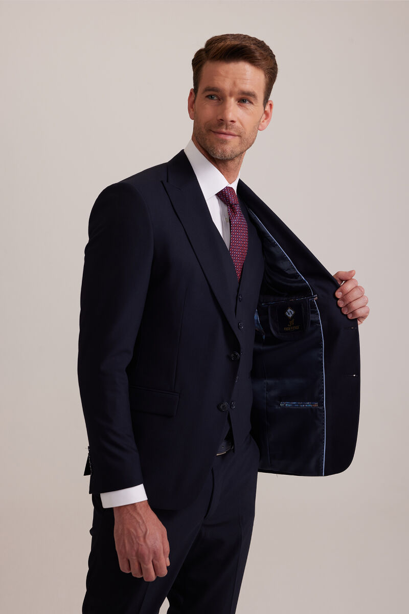Erkek Lacivert Silim Fit Sivri Yaka Yelekli Takım Elbise - 7