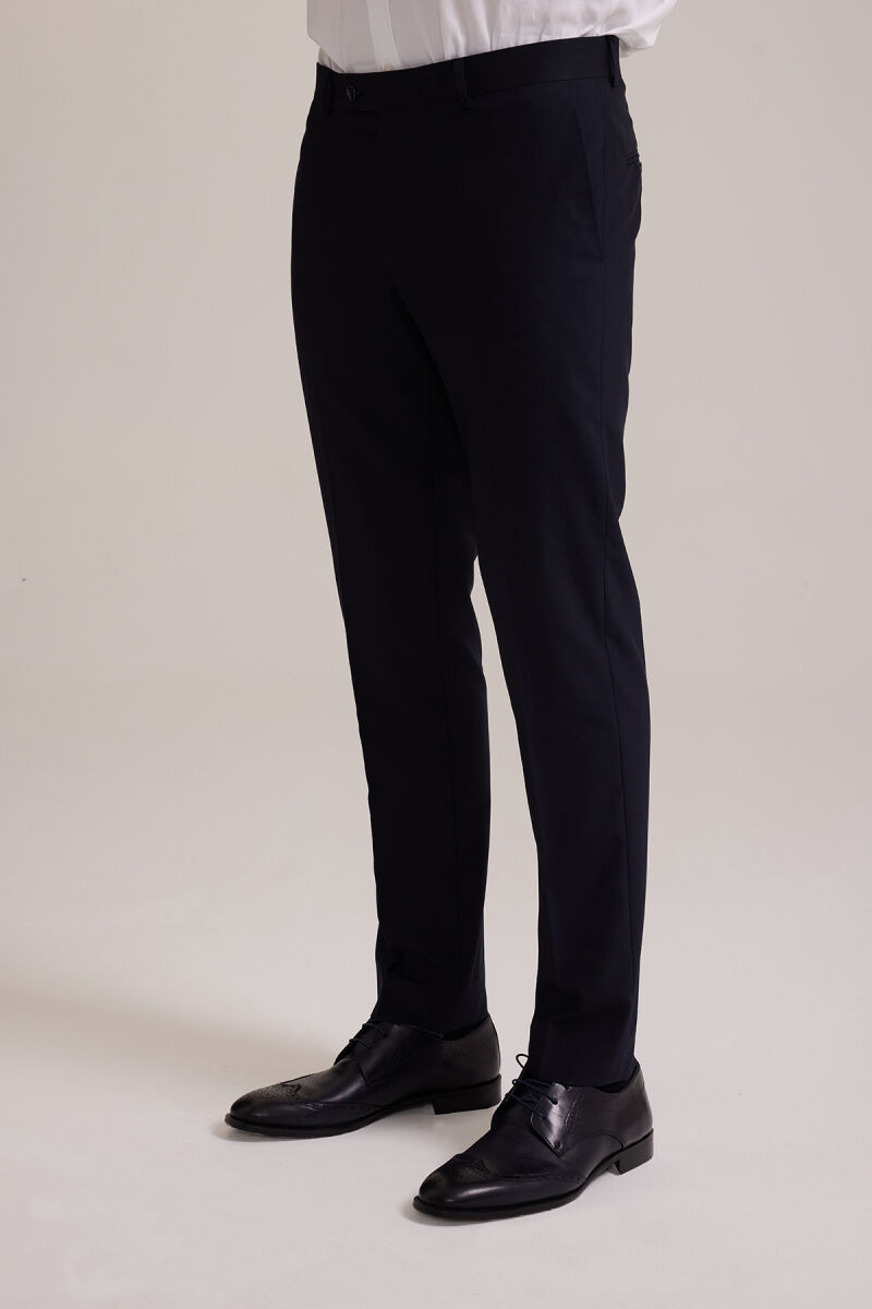 Erkek Lacivert Silim Fit Sivri Yaka Yelekli Takım Elbise - 8