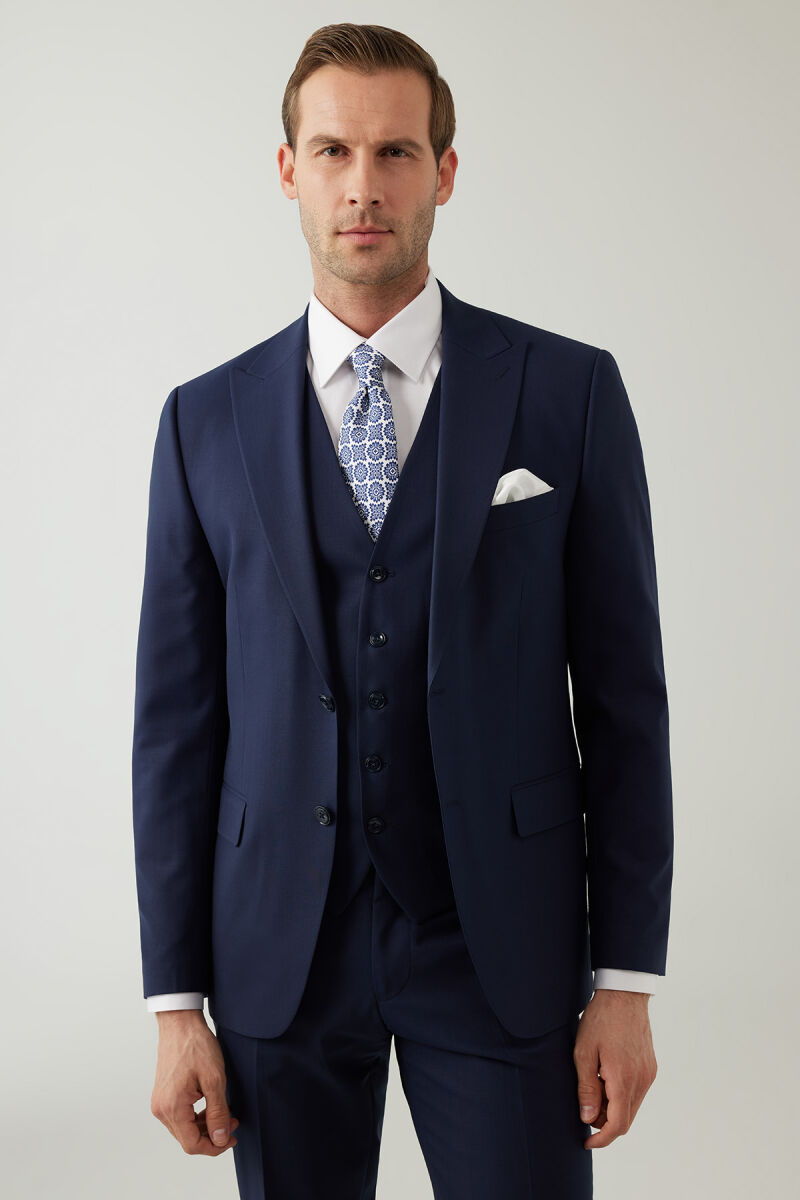 Erkek Lacivert Sivri Yaka Slim Fit Yelekli Takım Elbise - 1