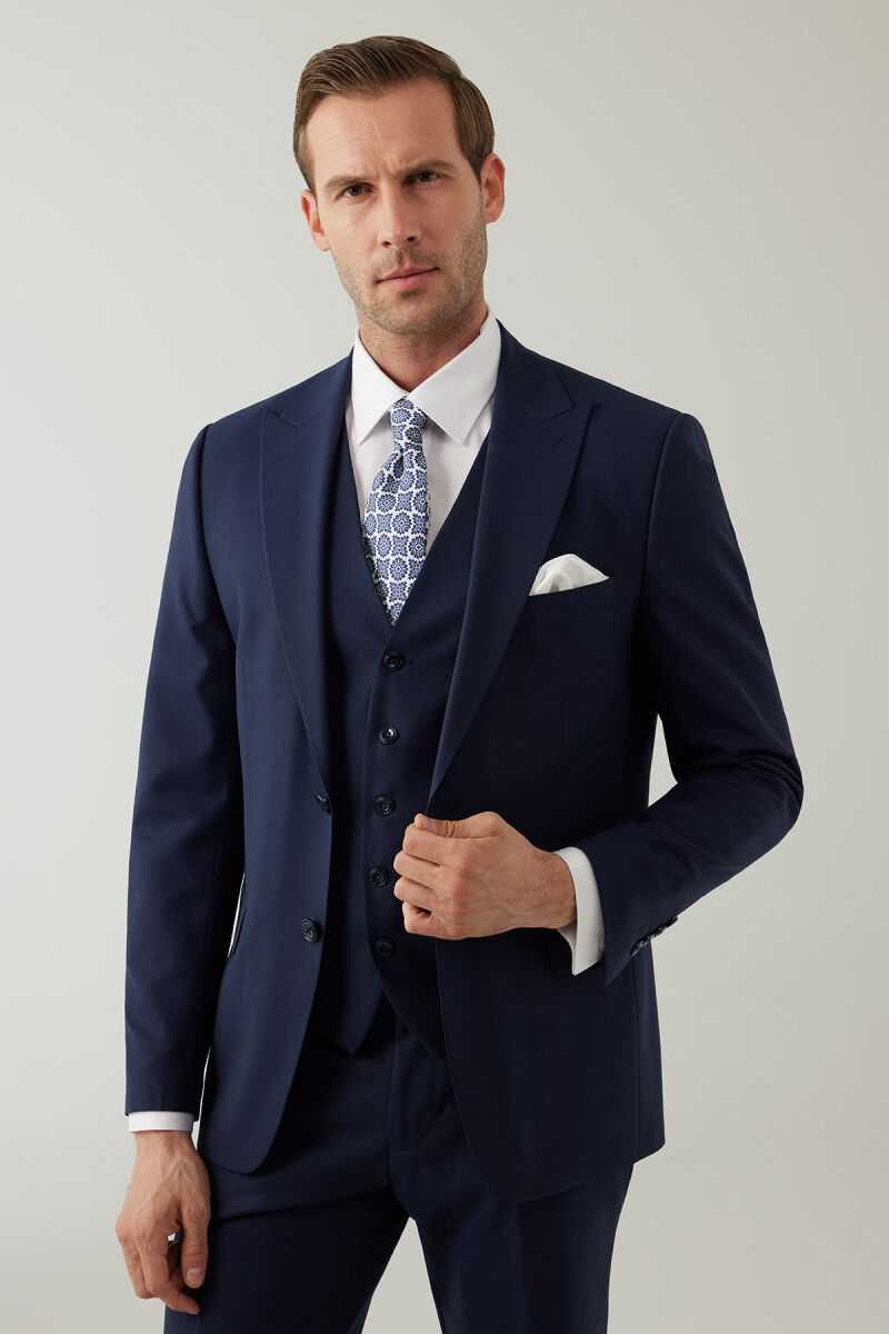 Erkek Lacivert Sivri Yaka Slim Fit Yelekli Takım Elbise - 2