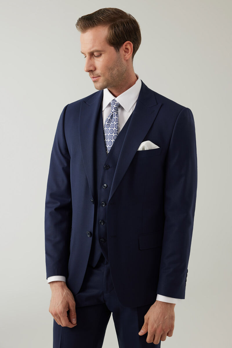 Erkek Lacivert Sivri Yaka Slim Fit Yelekli Takım Elbise - 5