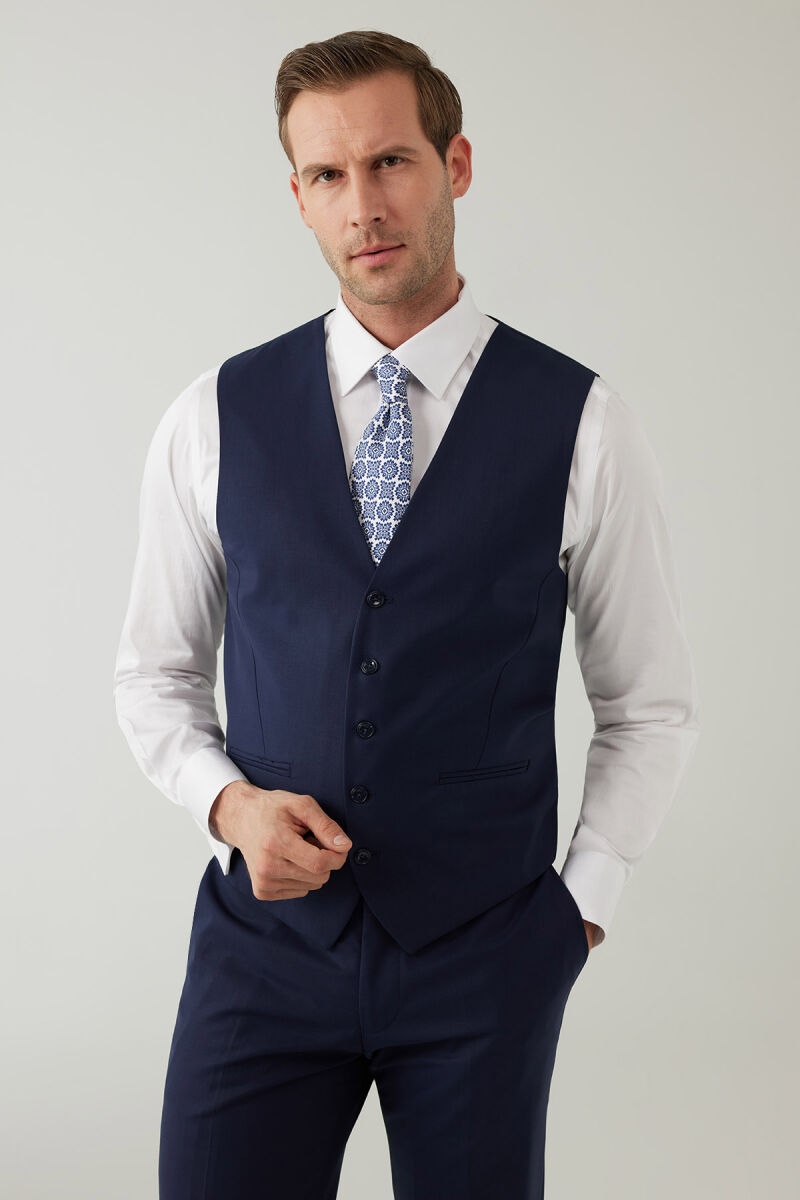 Erkek Lacivert Sivri Yaka Slim Fit Yelekli Takım Elbise - 6