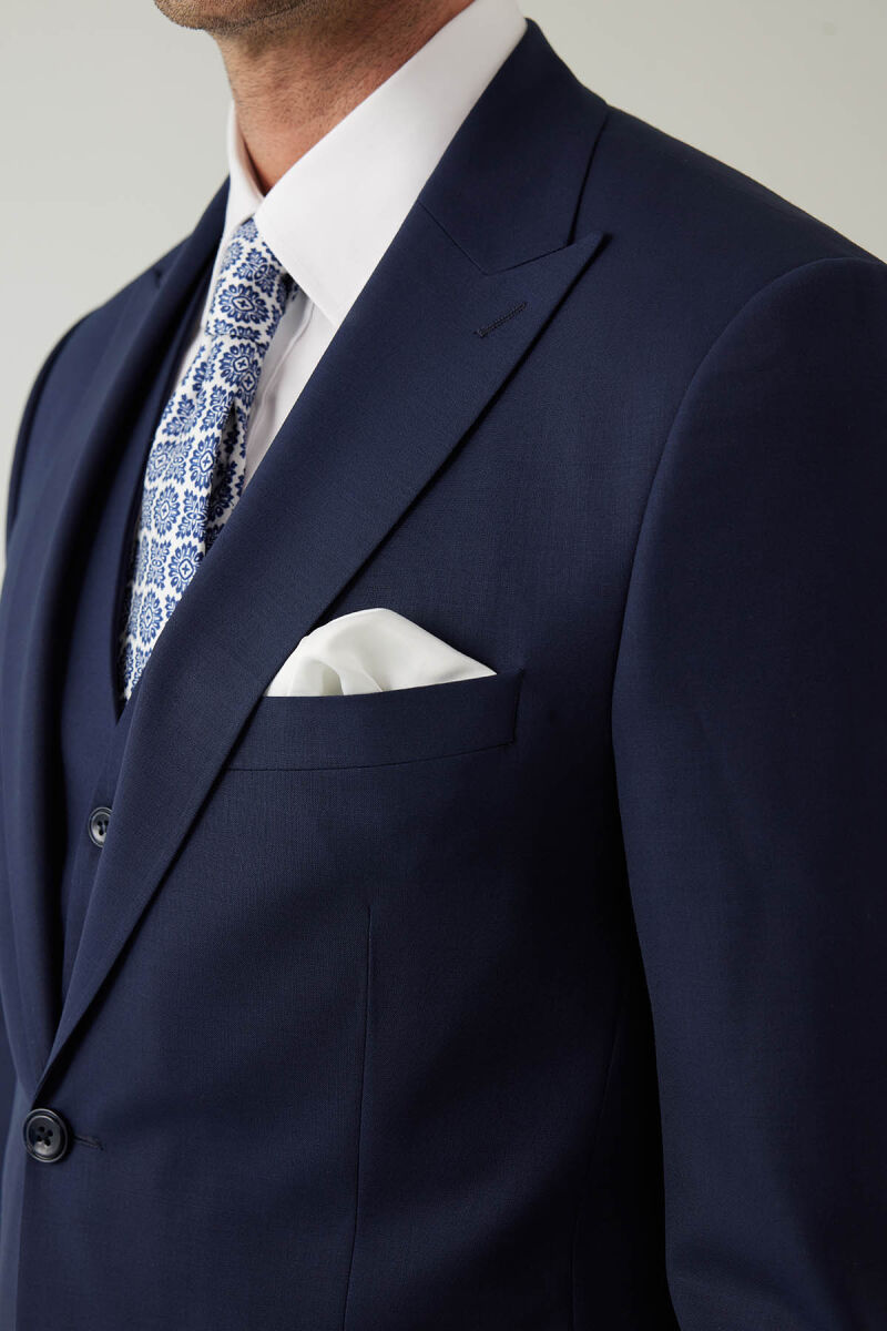 Erkek Lacivert Sivri Yaka Slim Fit Yelekli Takım Elbise - 7
