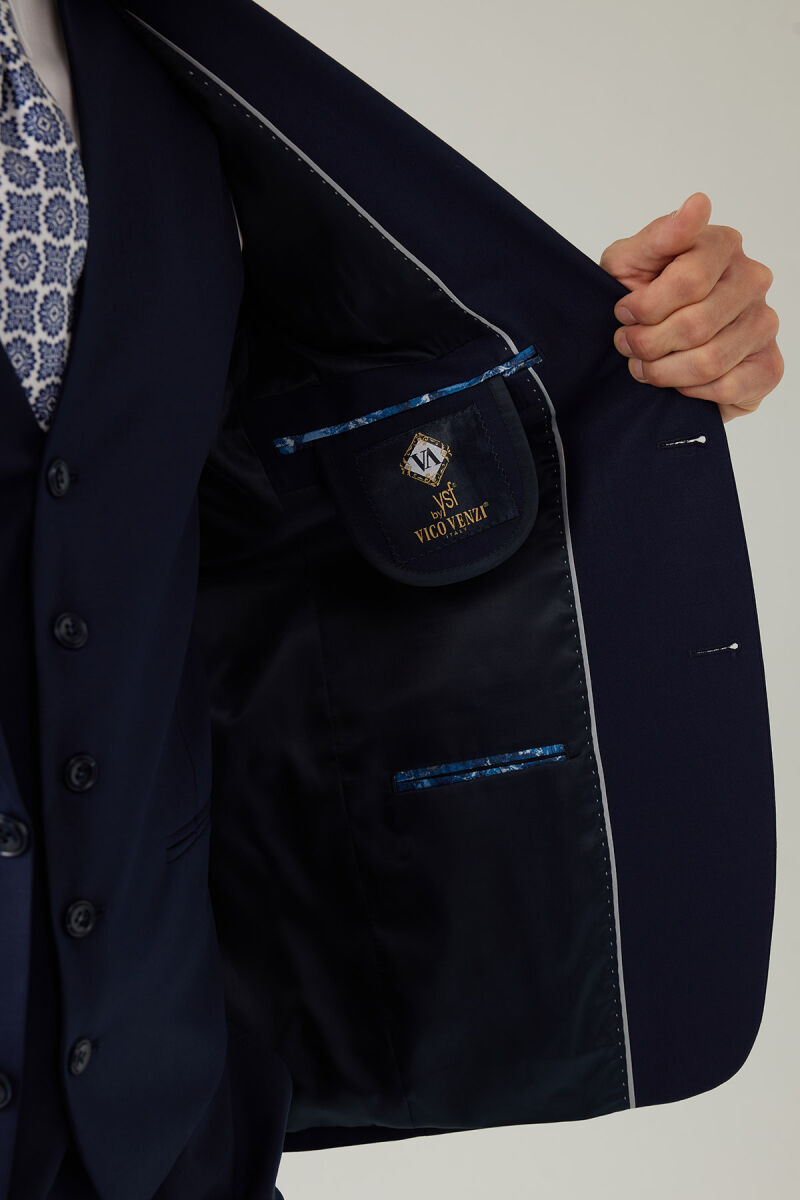 Erkek Lacivert Sivri Yaka Slim Fit Yelekli Takım Elbise - 9