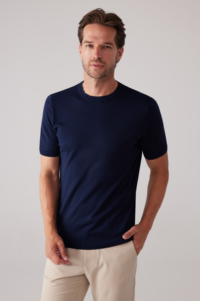 Erkek Lacivert Slim Fit Bisiklet Yaka Yazlık Triko Tişört - 2