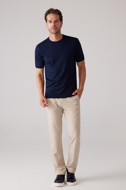 Erkek Lacivert Slim Fit Bisiklet Yaka Yazlık Triko Tişört