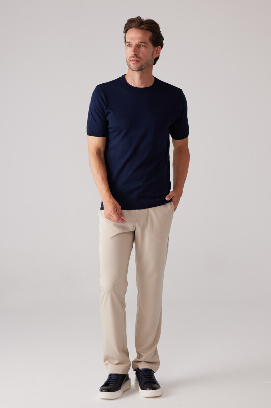 Erkek Lacivert Slim Fit Bisiklet Yaka Yazlık Triko Tişört