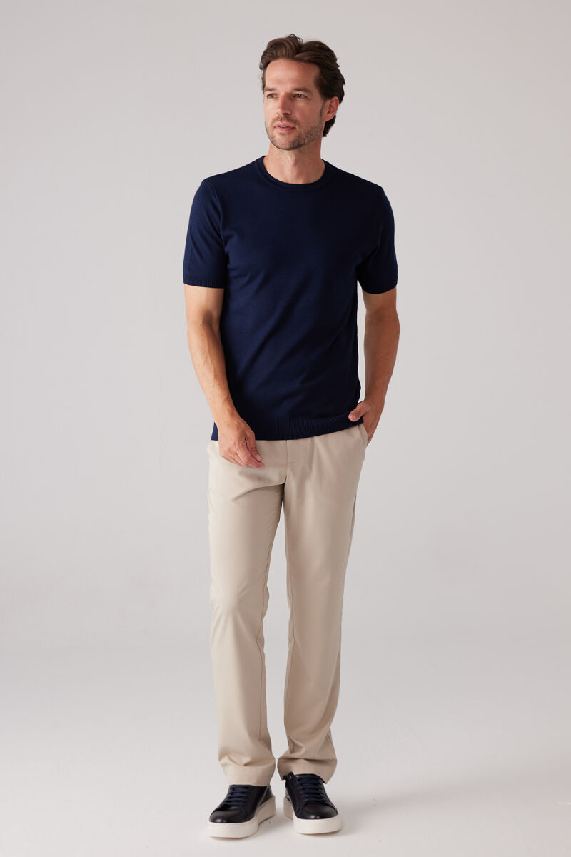 Erkek Lacivert Slim Fit Bisiklet Yaka Yazlık Triko Tişört - 4