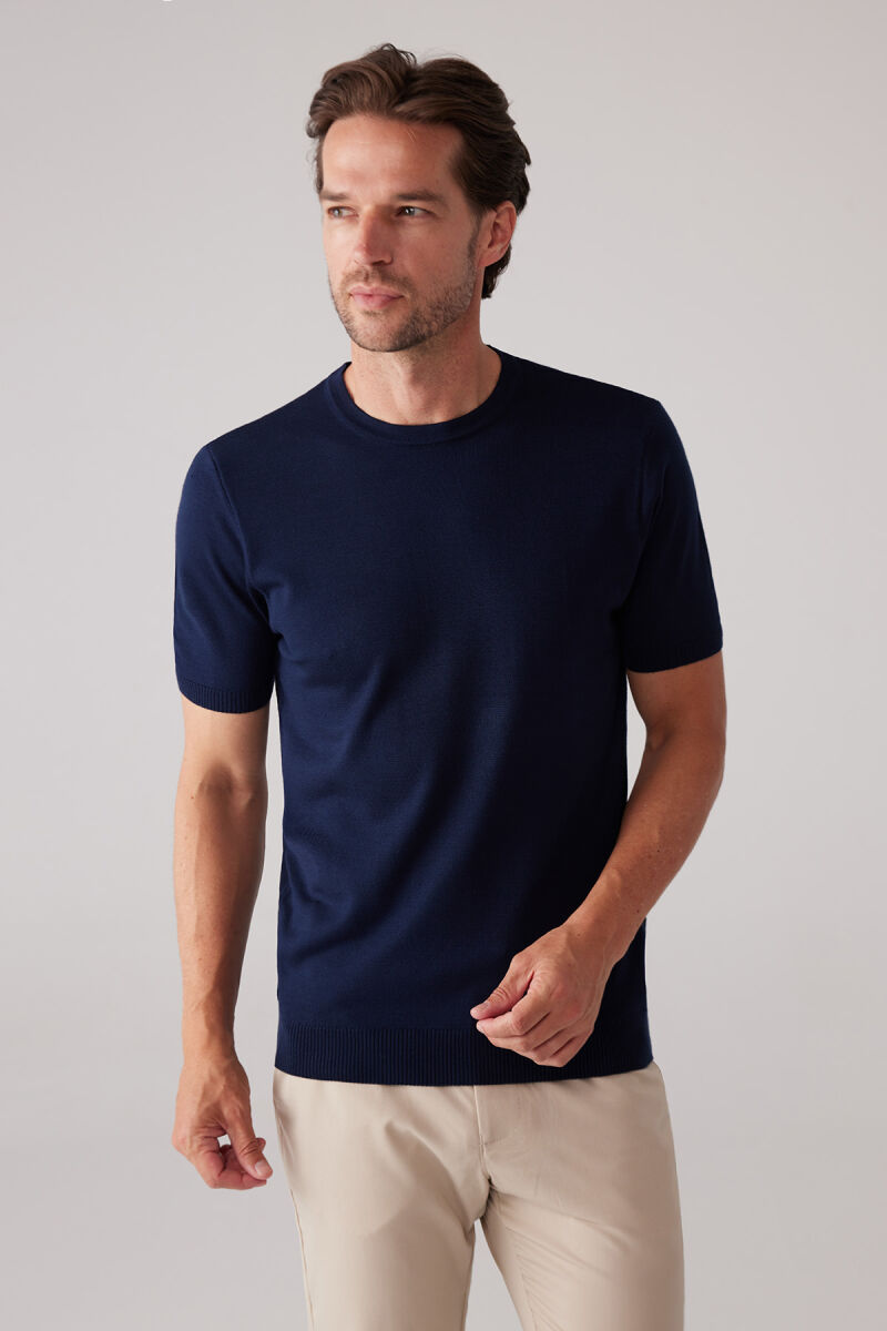 Erkek Lacivert Slim Fit Bisiklet Yaka Yazlık Triko Tişört - 6