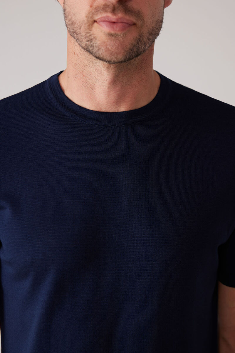 Erkek Lacivert Slim Fit Bisiklet Yaka Yazlık Triko Tişört - 7