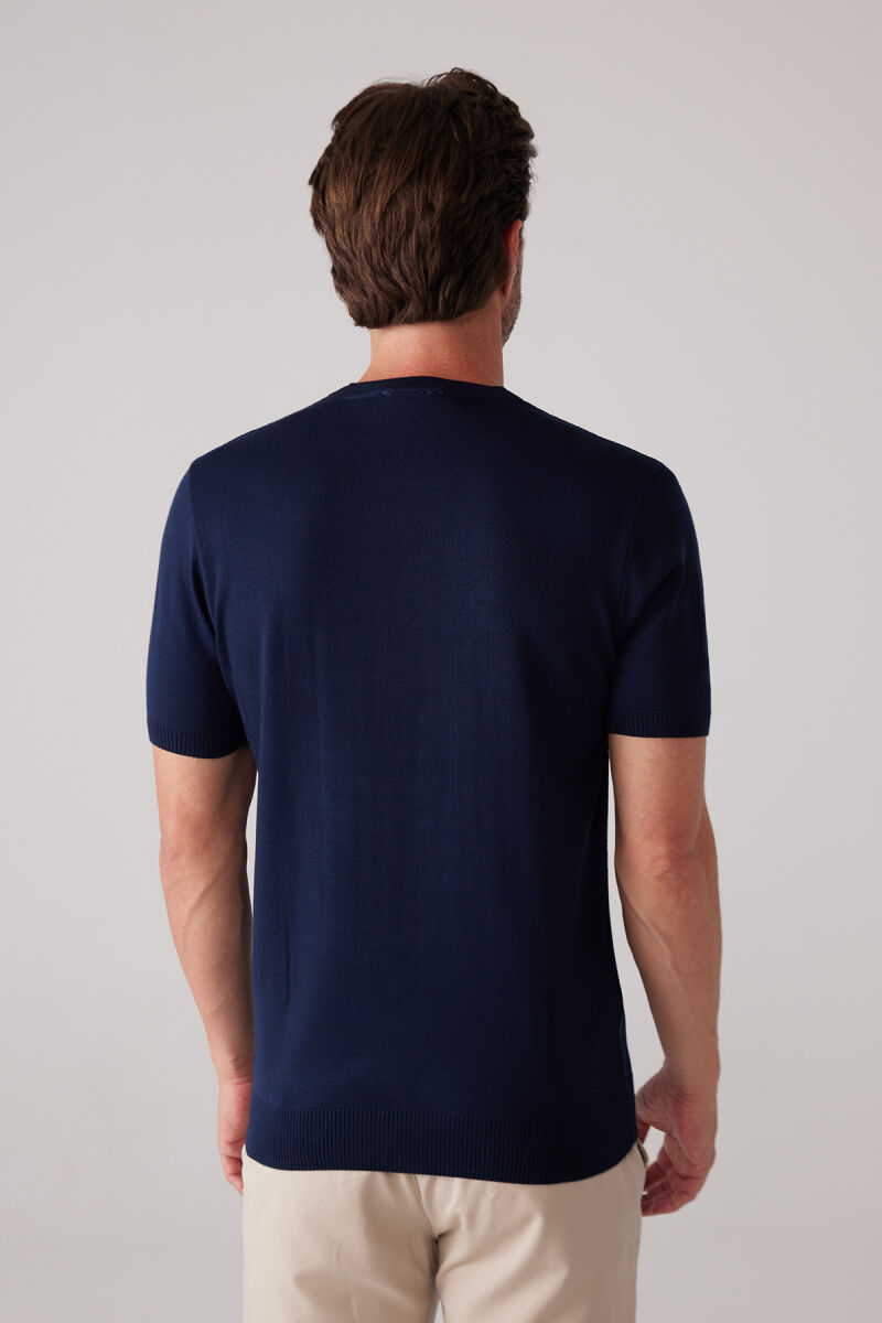Erkek Lacivert Slim Fit Bisiklet Yaka Yazlık Triko Tişört - 8
