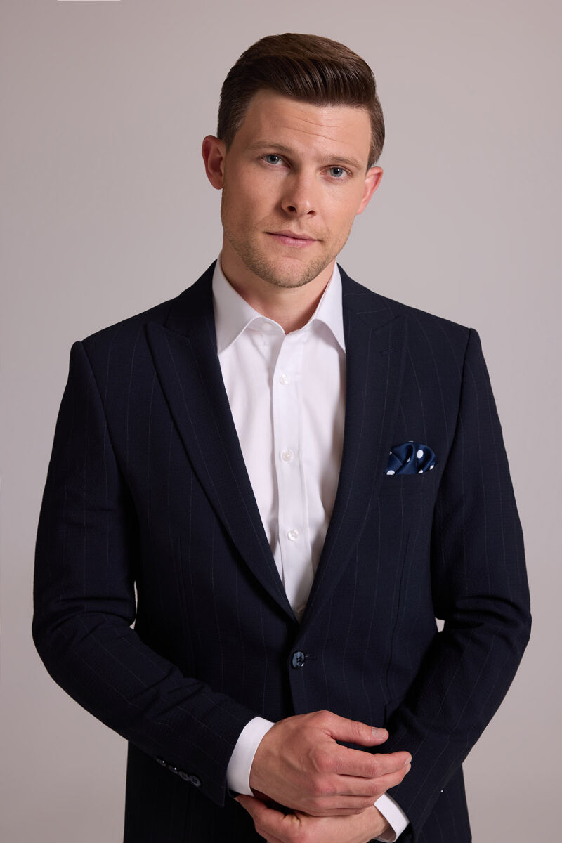 Erkek Lacivert Slim Fit Çizgili Tek Düğmeli Jogger Pantolonlu Takım Elbise - 1