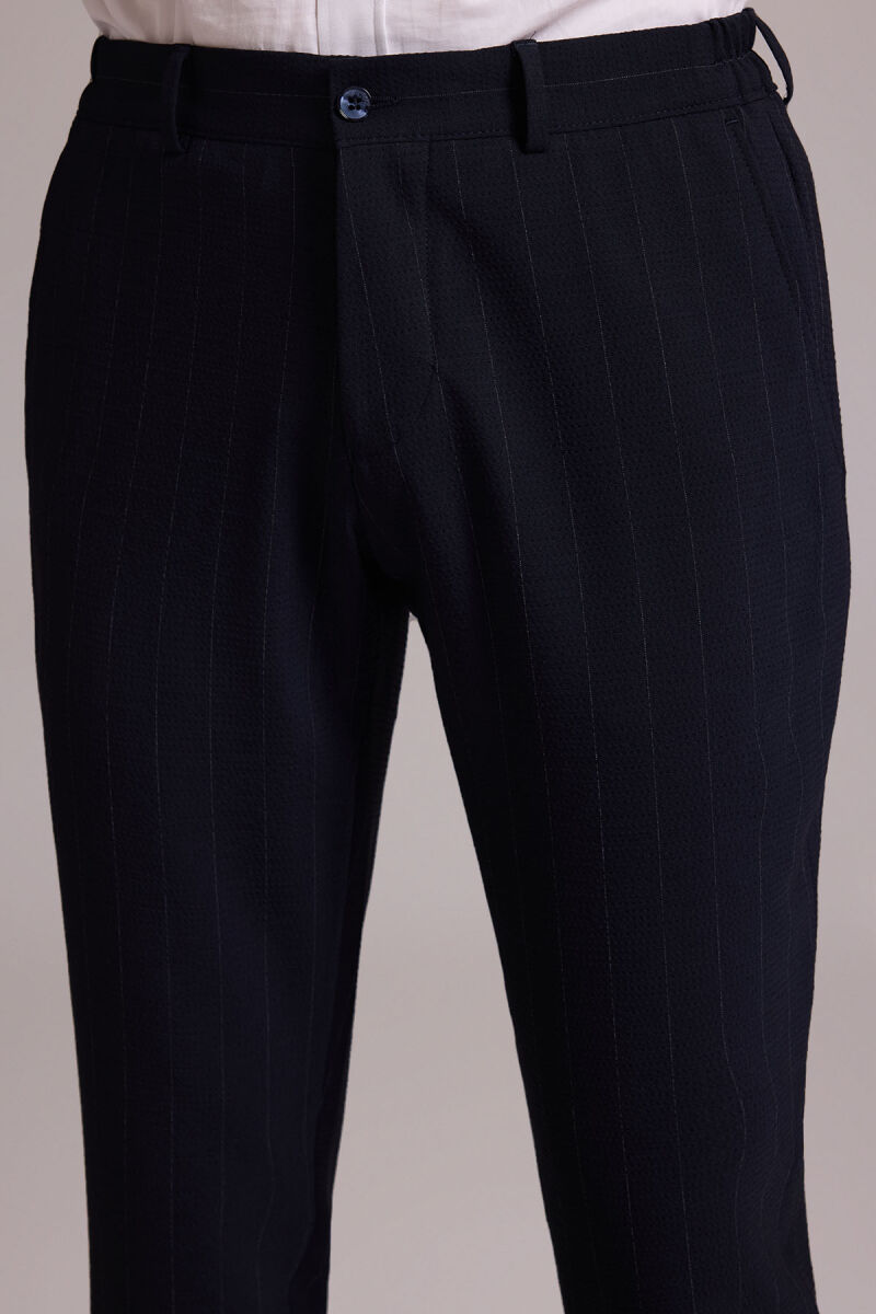 Erkek Lacivert Slim Fit Çizgili Tek Düğmeli Jogger Pantolonlu Takım Elbise - 10