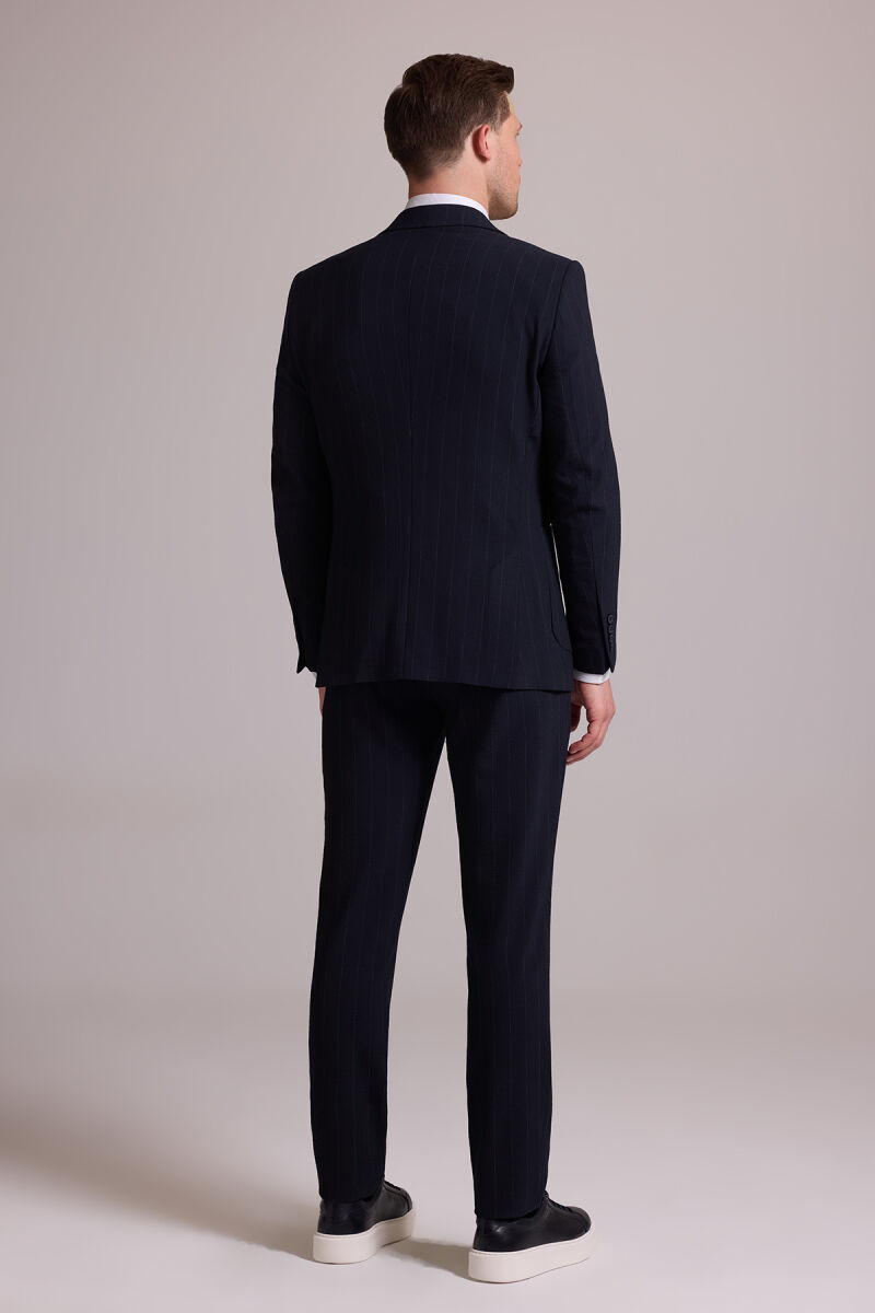 Erkek Lacivert Slim Fit Çizgili Tek Düğmeli Jogger Pantolonlu Takım Elbise - 12