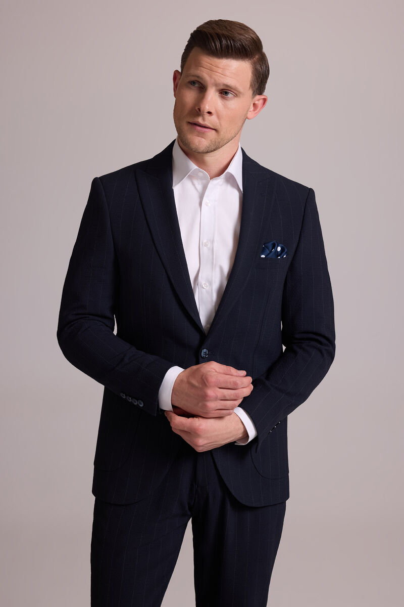 Erkek Lacivert Slim Fit Çizgili Tek Düğmeli Jogger Pantolonlu Takım Elbise - 4
