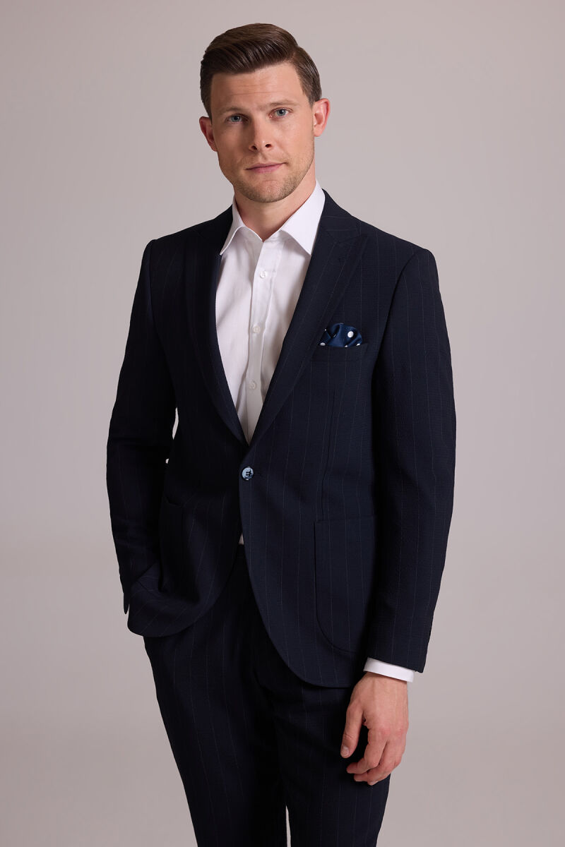 Erkek Lacivert Slim Fit Çizgili Tek Düğmeli Jogger Pantolonlu Takım Elbise - 6