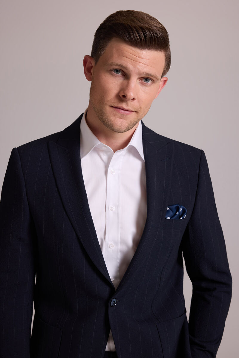 Erkek Lacivert Slim Fit Çizgili Tek Düğmeli Jogger Pantolonlu Takım Elbise - 7