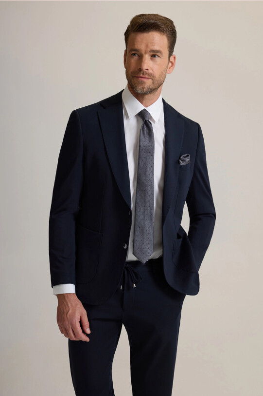 Erkek Lacivert Slim Fit Geniş Mono Yaka Jogger Pantolonlu Takım Elbise