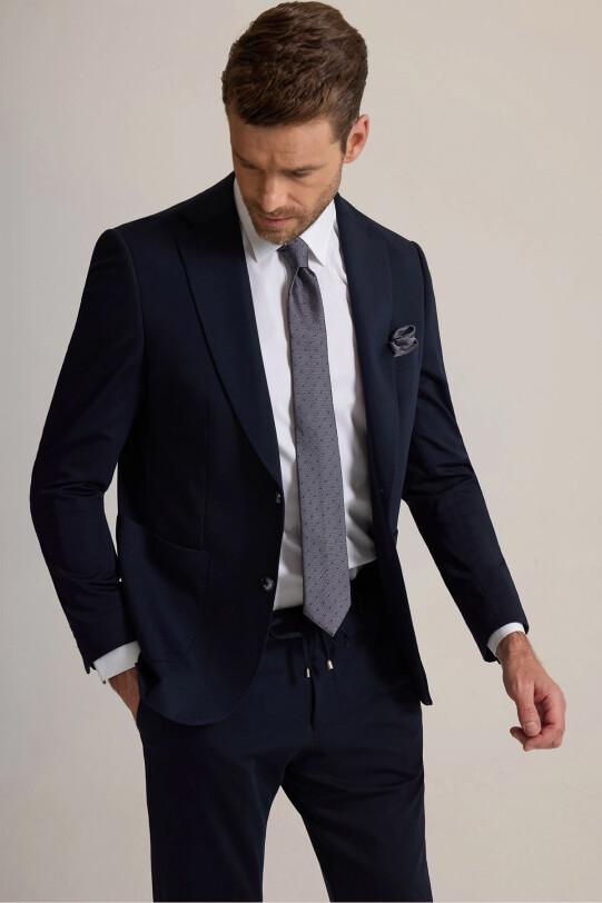 Erkek Lacivert Slim Fit Geniş Mono Yaka Jogger Pantolonlu Takım Elbise