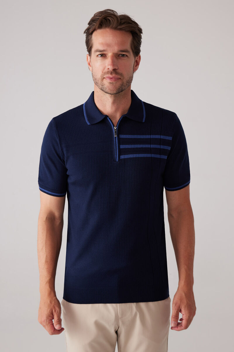 Erkek Lacivert Slim Fit Hafif Çizgili Fermuarlı Polo Yaka Tişört - 1