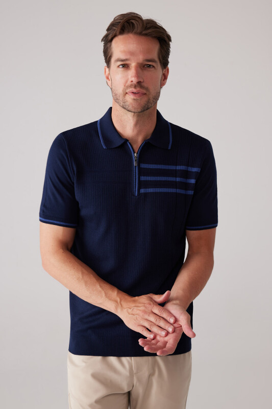 Erkek Lacivert Slim Fit Hafif Çizgili Fermuarlı Polo Yaka Tişört