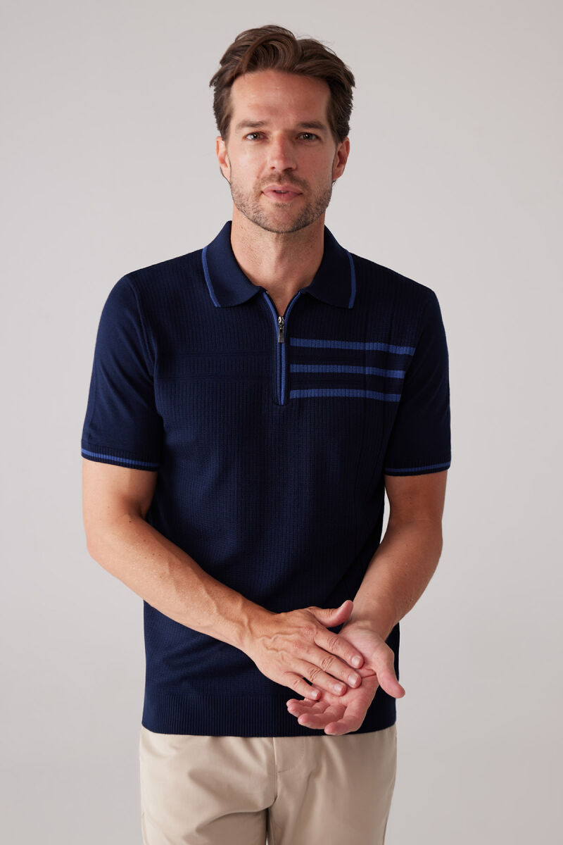 Erkek Lacivert Slim Fit Hafif Çizgili Fermuarlı Polo Yaka Tişört - 2
