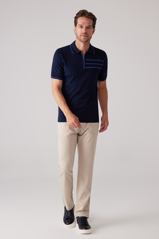 Erkek Lacivert Slim Fit Hafif Çizgili Fermuarlı Polo Yaka Tişört