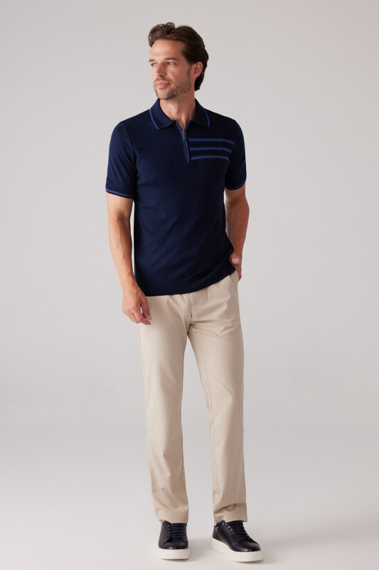 Erkek Lacivert Slim Fit Hafif Çizgili Fermuarlı Polo Yaka Tişört