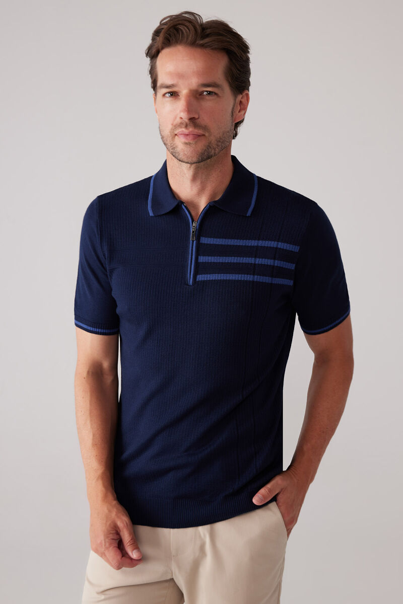 Erkek Lacivert Slim Fit Hafif Çizgili Fermuarlı Polo Yaka Tişört - 5