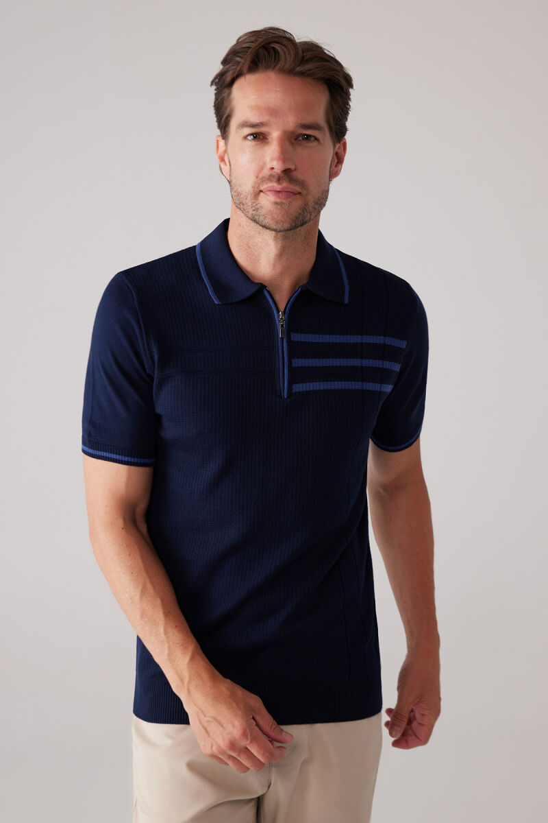 Erkek Lacivert Slim Fit Hafif Çizgili Fermuarlı Polo Yaka Tişört - 6