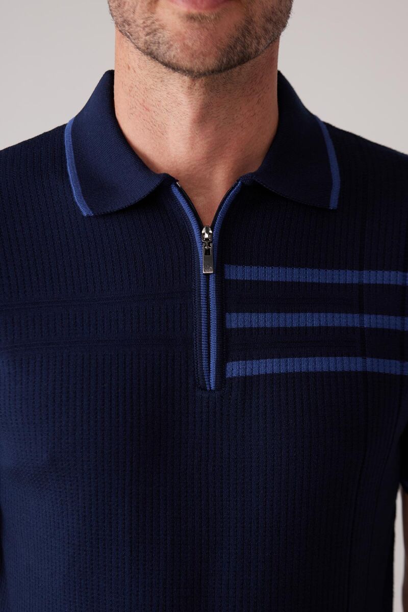 Erkek Lacivert Slim Fit Hafif Çizgili Fermuarlı Polo Yaka Tişört - 7