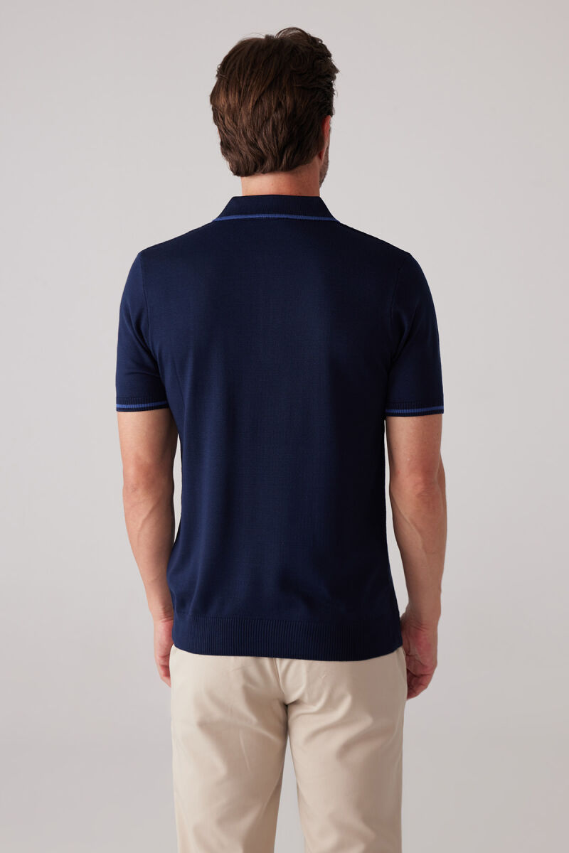 Erkek Lacivert Slim Fit Hafif Çizgili Fermuarlı Polo Yaka Tişört - 8