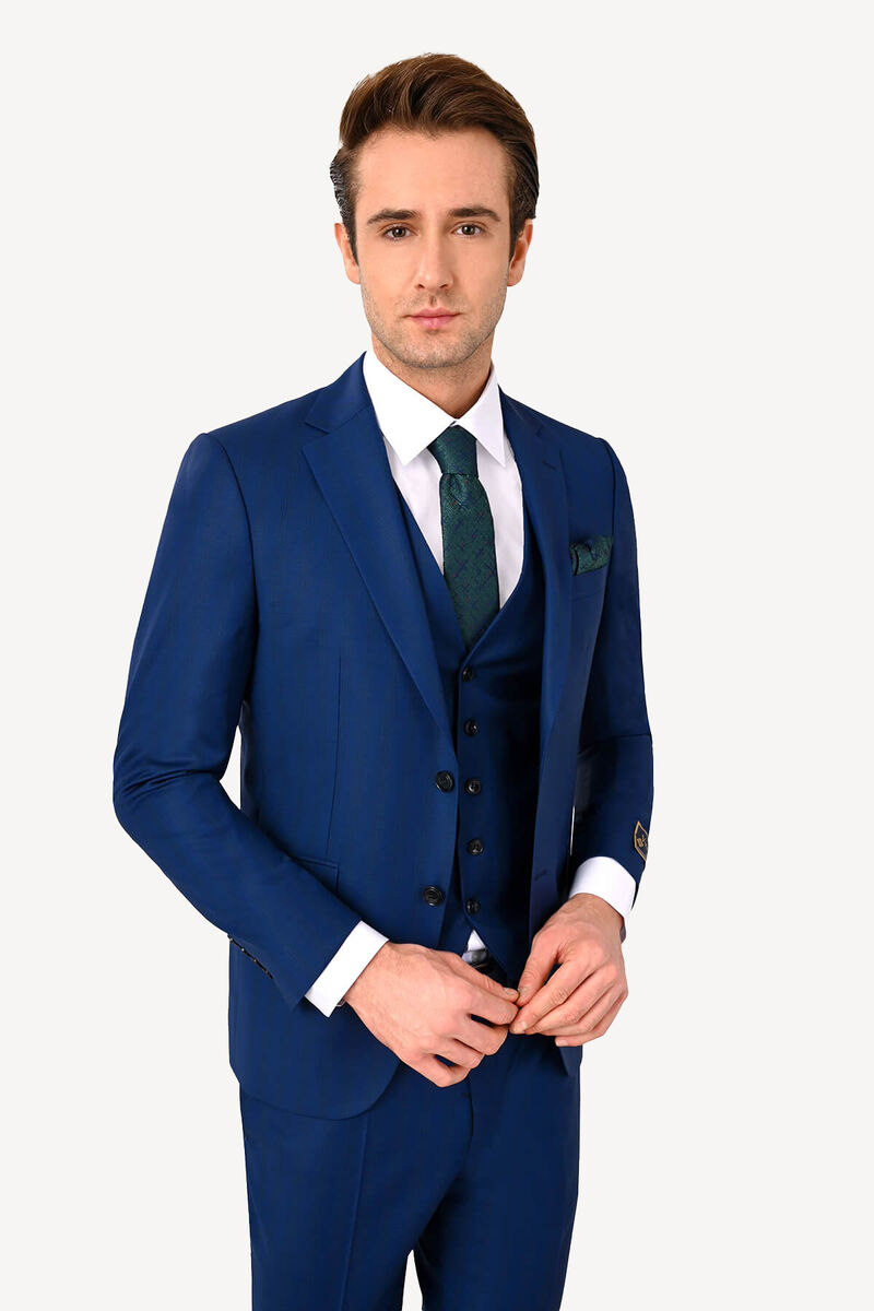 Erkek Lacivert Slim Fit Kareli Yelekli Takım Elbise - 2