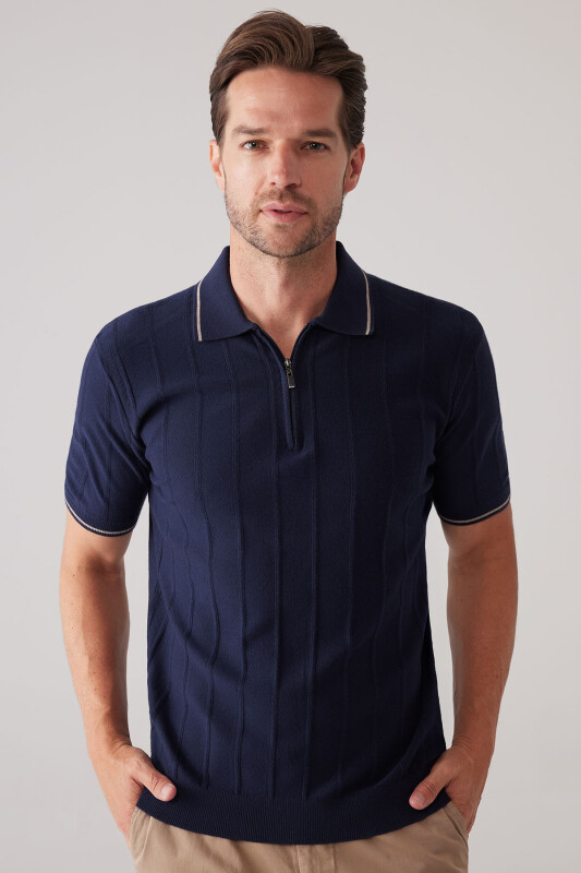 Erkek Lacivert Slim Fit Kaşmir Karışımlı Fermuarlı Polo Yaka Tişört