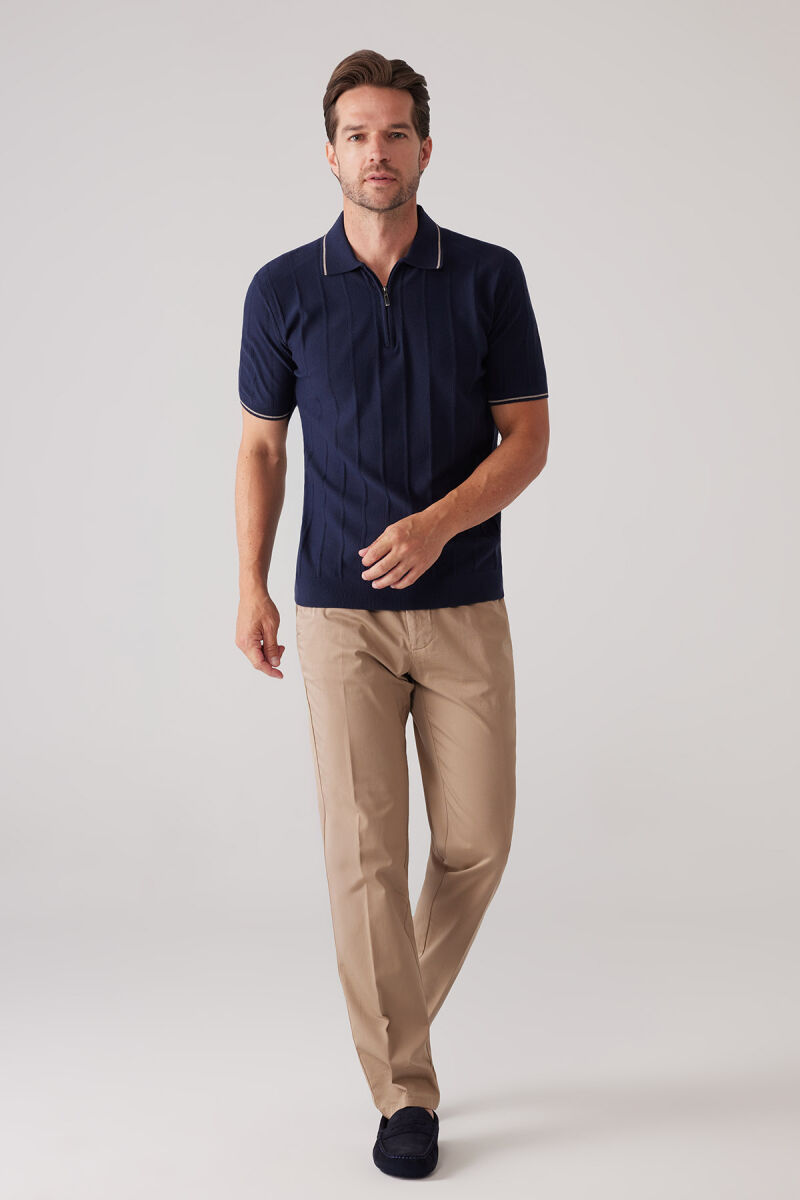 Erkek Lacivert Slim Fit Kaşmir Karışımlı Fermuarlı Polo Yaka Tişört - 2