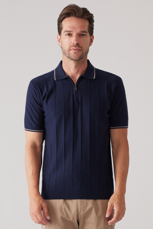 Erkek Lacivert Slim Fit Kaşmir Karışımlı Fermuarlı Polo Yaka Tişört