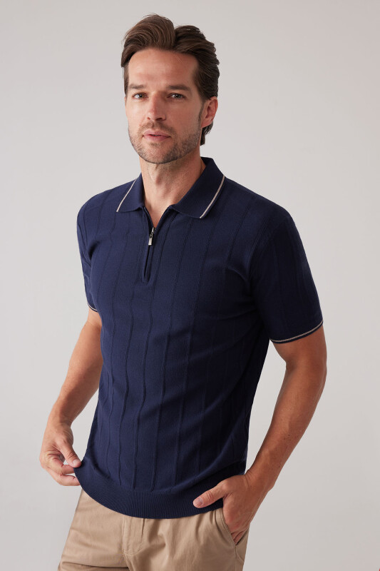 Erkek Lacivert Slim Fit Kaşmir Karışımlı Fermuarlı Polo Yaka Tişört