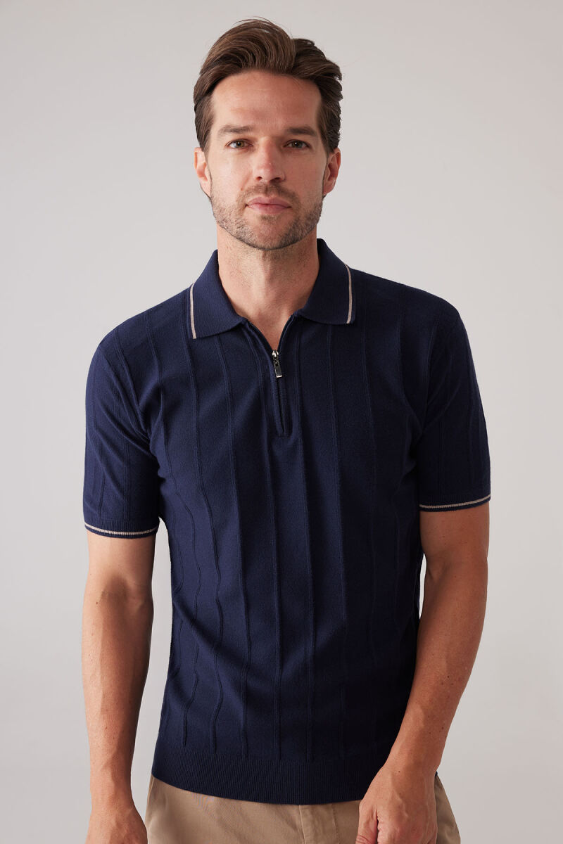 Erkek Lacivert Slim Fit Kaşmir Karışımlı Fermuarlı Polo Yaka Tişört - 5