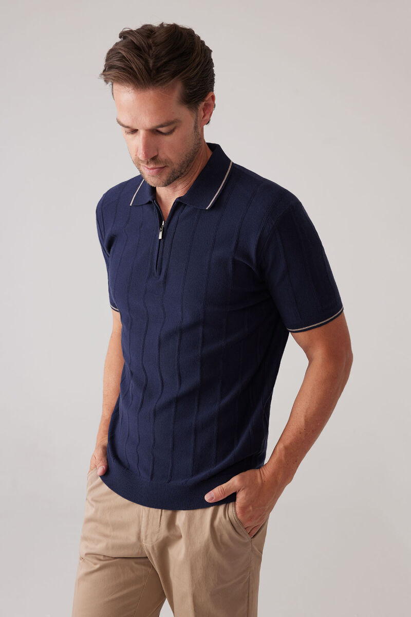 Erkek Lacivert Slim Fit Kaşmir Karışımlı Fermuarlı Polo Yaka Tişört - 6