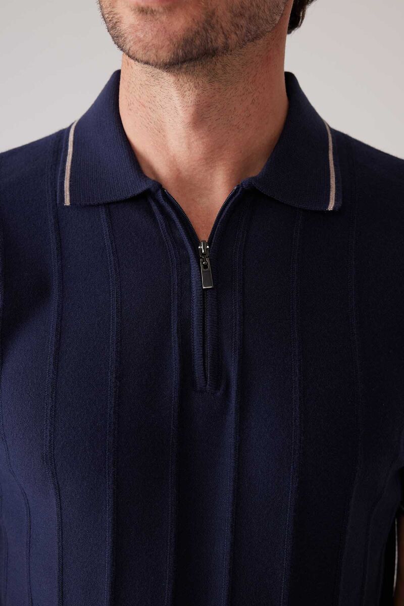 Erkek Lacivert Slim Fit Kaşmir Karışımlı Fermuarlı Polo Yaka Tişört - 7