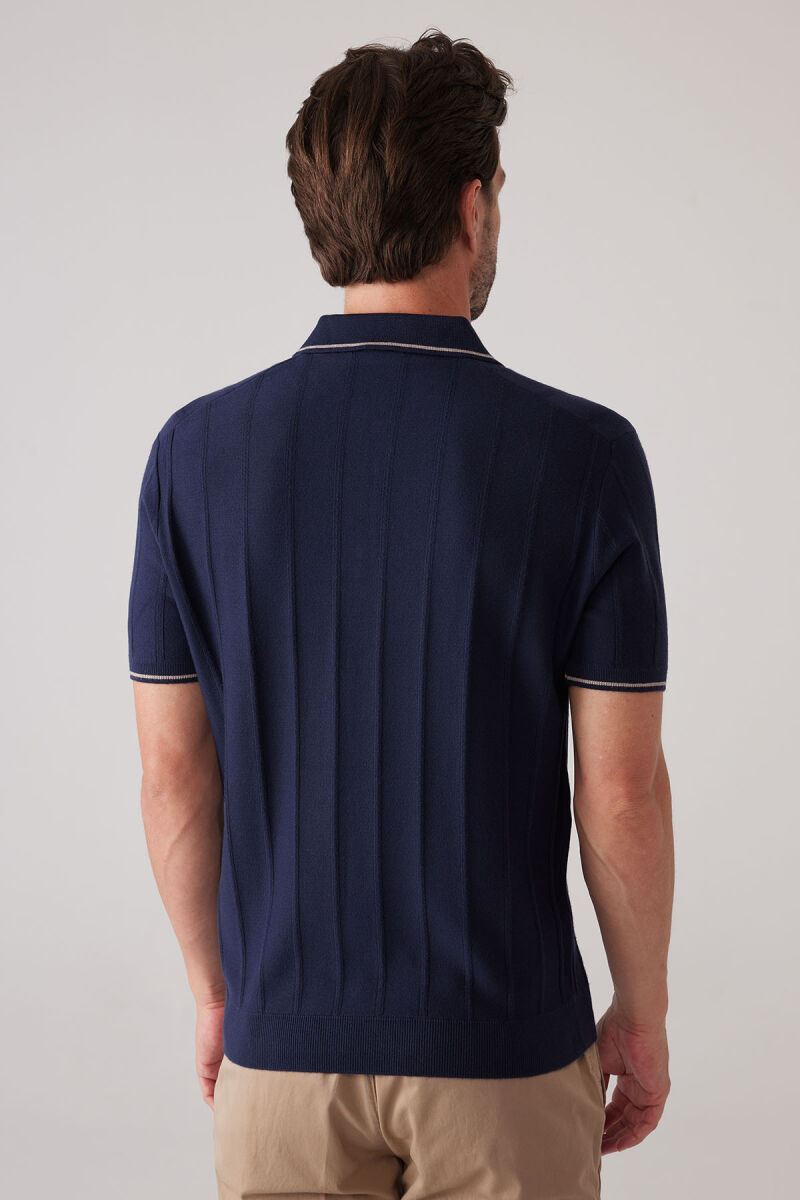 Erkek Lacivert Slim Fit Kaşmir Karışımlı Fermuarlı Polo Yaka Tişört - 8