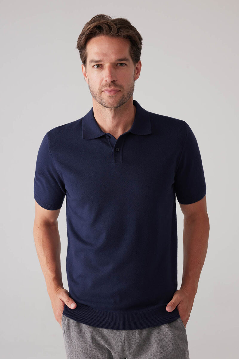 Erkek Lacivert Slim Fit Kaşmir Karışımlı Polo Yaka Tişört - 1
