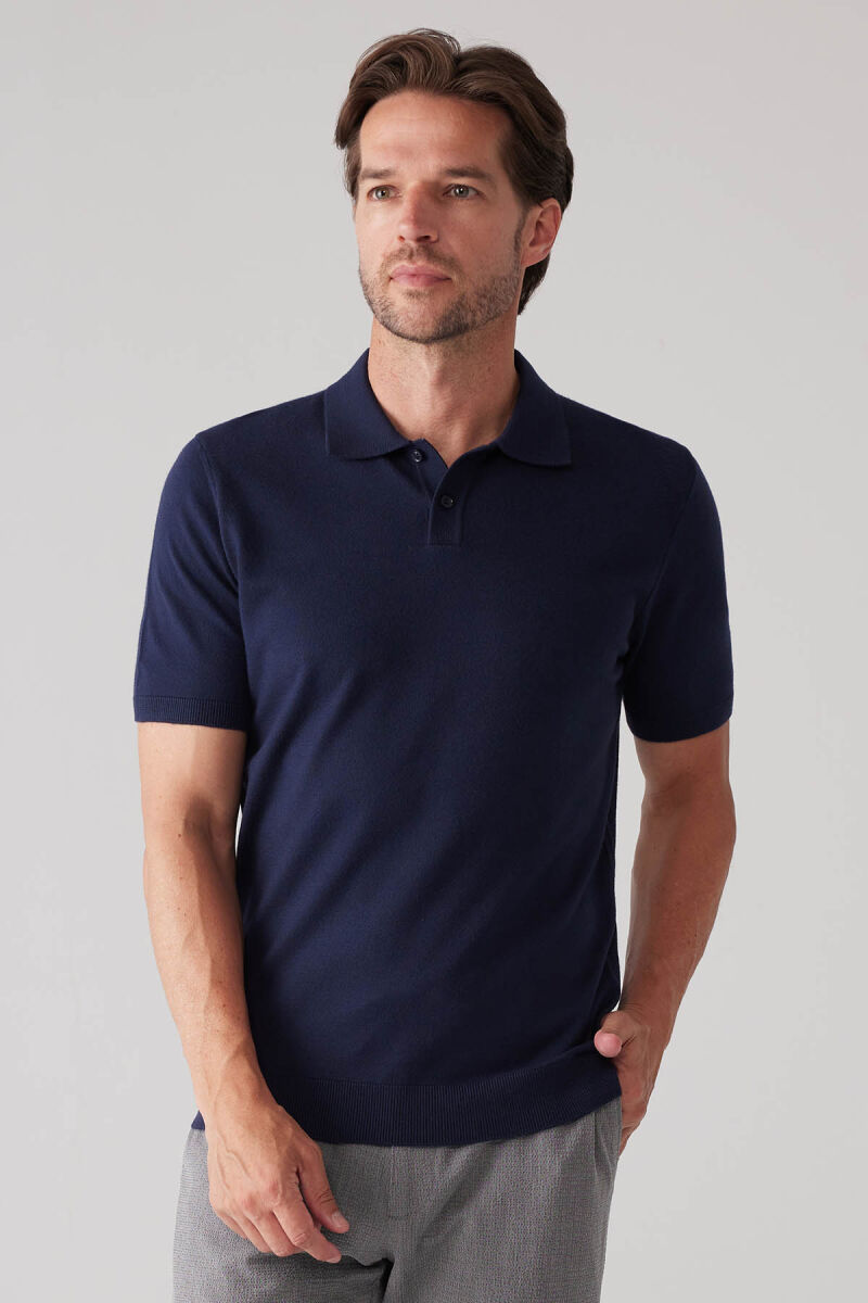 Erkek Lacivert Slim Fit Kaşmir Karışımlı Polo Yaka Tişört - 3