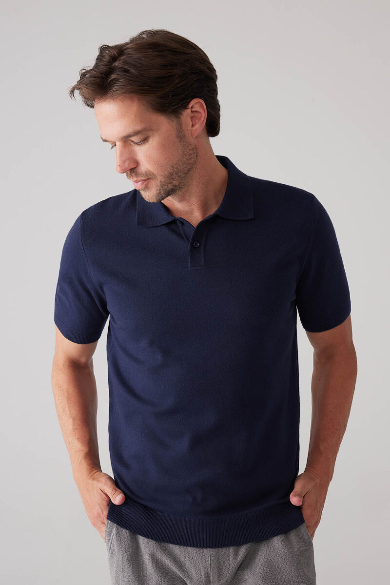Erkek Lacivert Slim Fit Kaşmir Karışımlı Polo Yaka Tişört - 4